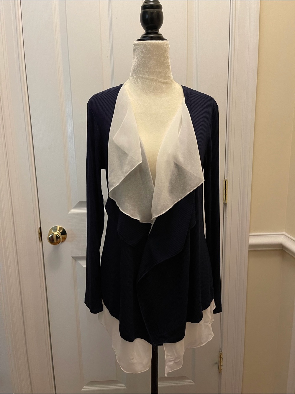 Pebble and Stone Navy and White Draped Open-Front Blazer